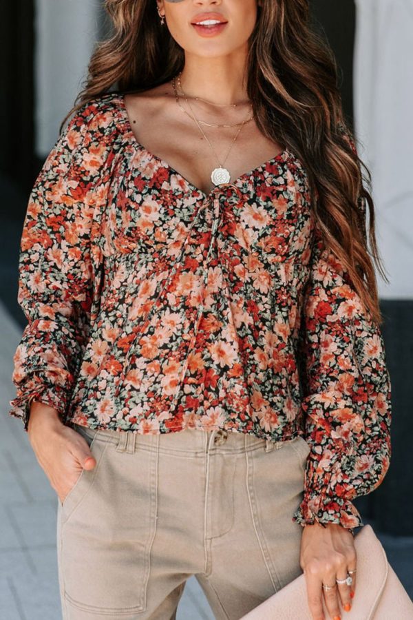 Hazel Blues® |  Peplum Tied Flora Long Sleeve Blouse For Sale - Image 4